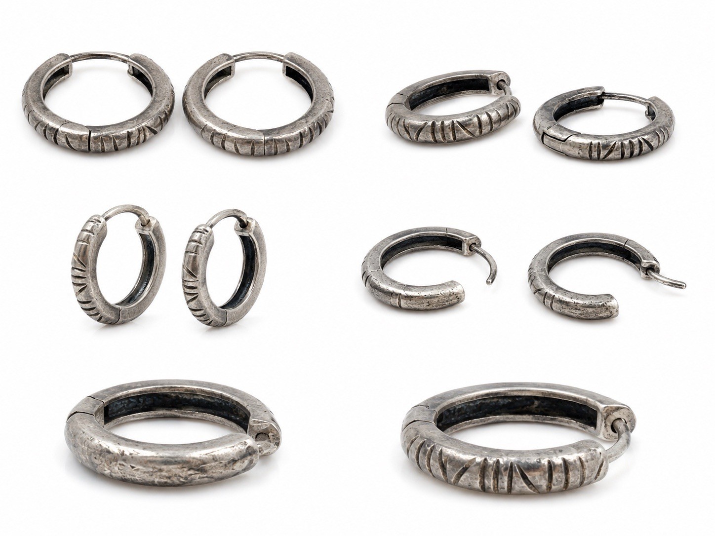 Vintage 925 Sterling Silver Small Engraved Hoop Earrings Hinged Latch Back