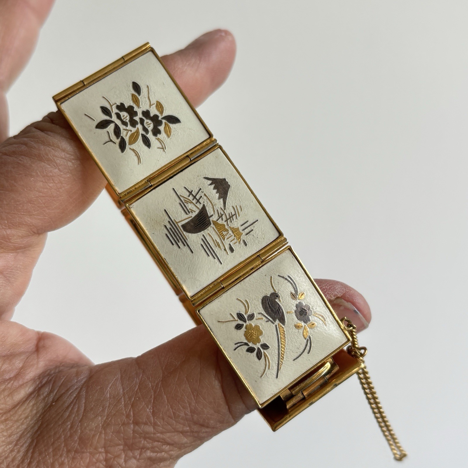 Vintage Amita Japan Damascene Panel Bracelet Gold Tone Scenic Floral Bird Motif