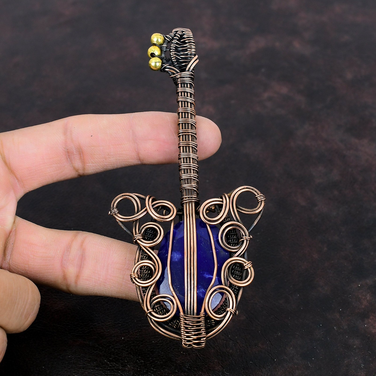 Sisters Day Sale Copper Natural Blue Saphire Wire Wrapped Guitar Trendy Pendant