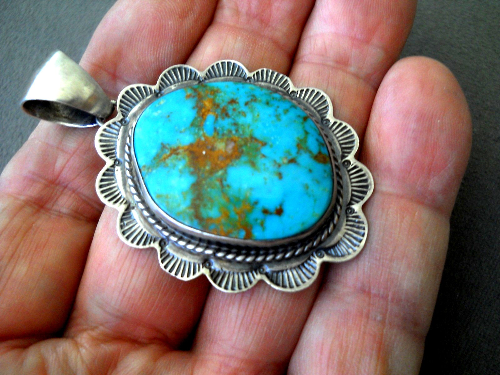 SPENCER Native American Navajo Turquoise Mountain Turquoise Sterl Silver Pendant