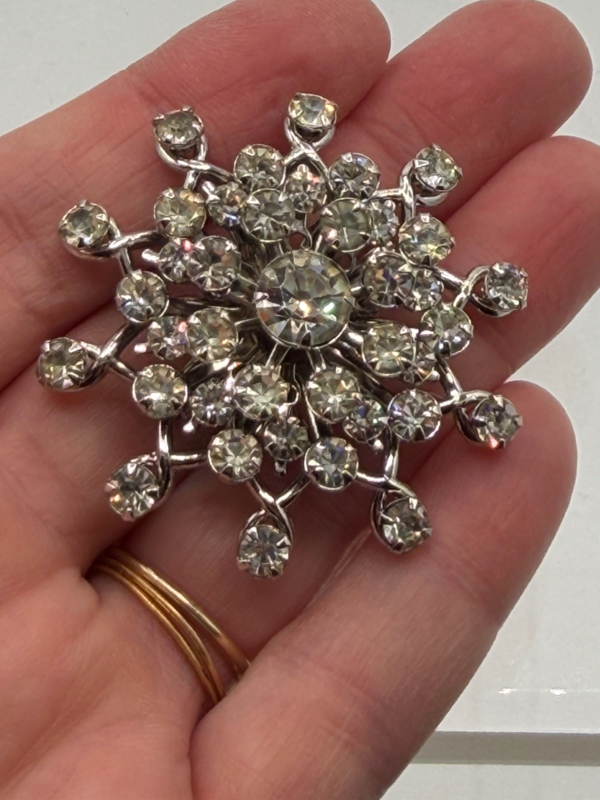 Vtg Sparkling Brooch Pin Snowflake Clear Rhinestones 1.75” Layered Silver Tone