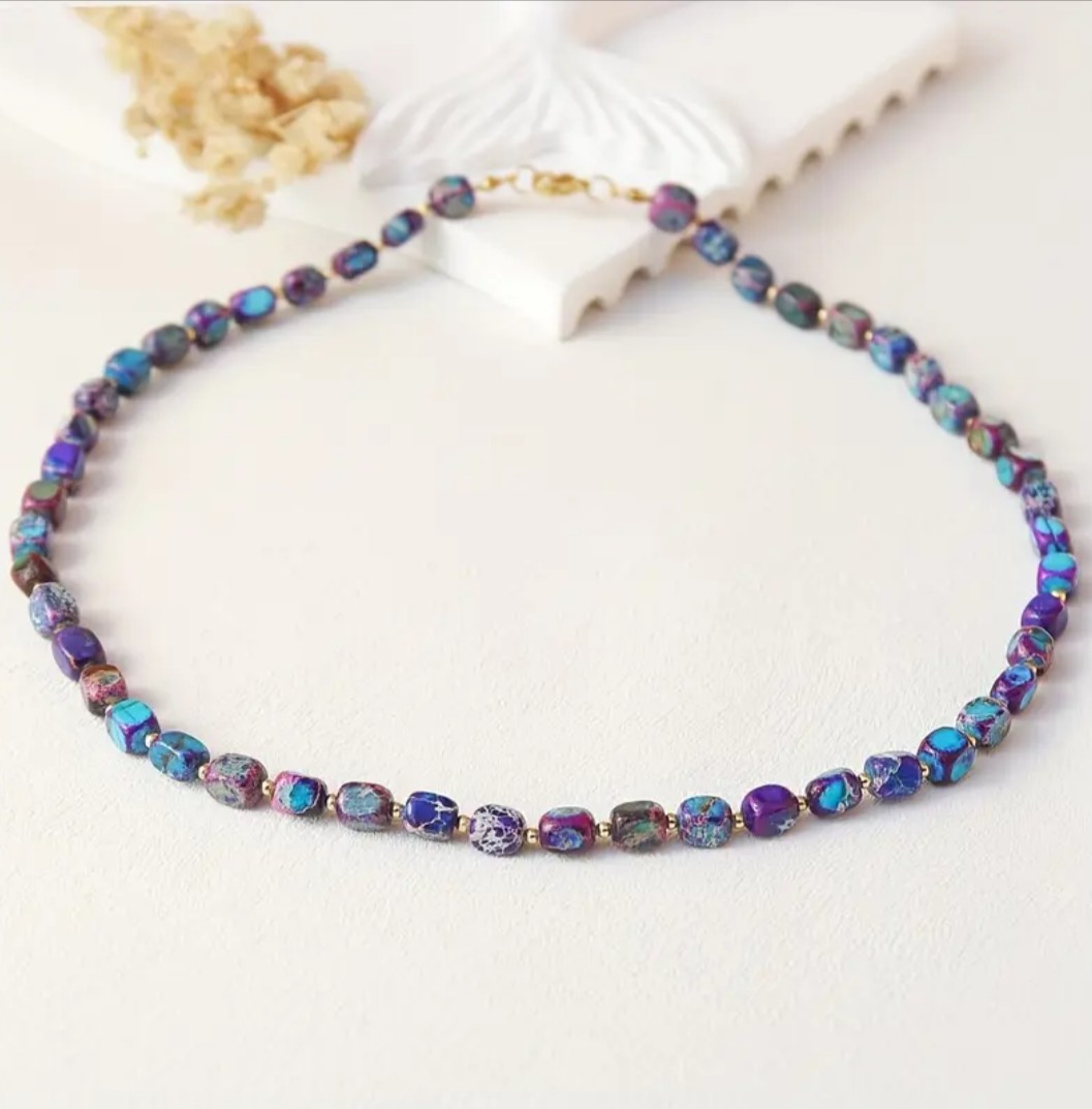 Handcrafted Boho Purple & Blue Sea Sediment Stone Beaded Necklace Gold Accents
