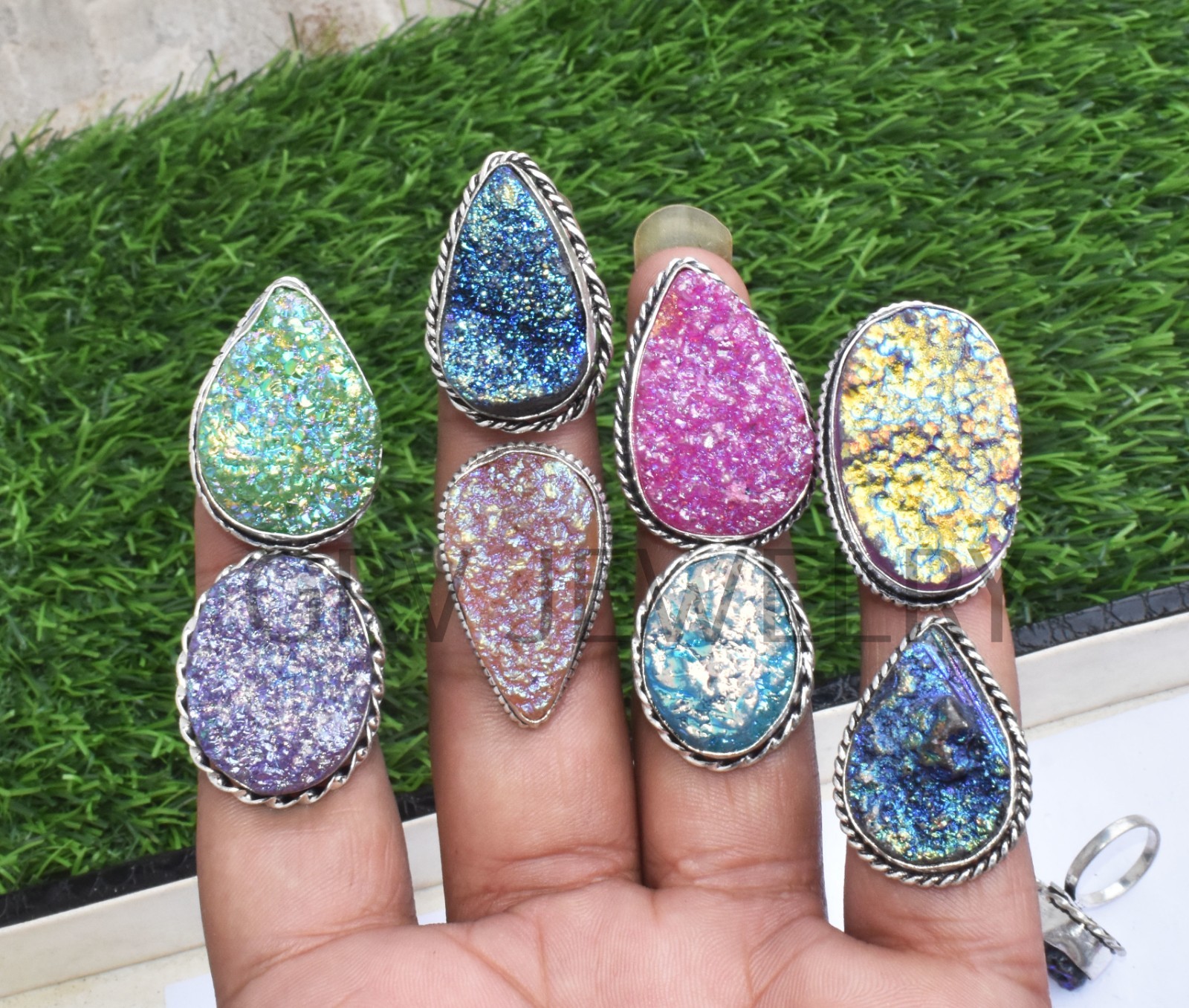 1-500 Pcs Coated Druzy In Wholesale Gemstone Rings Lot: Silver Plated Whr-69