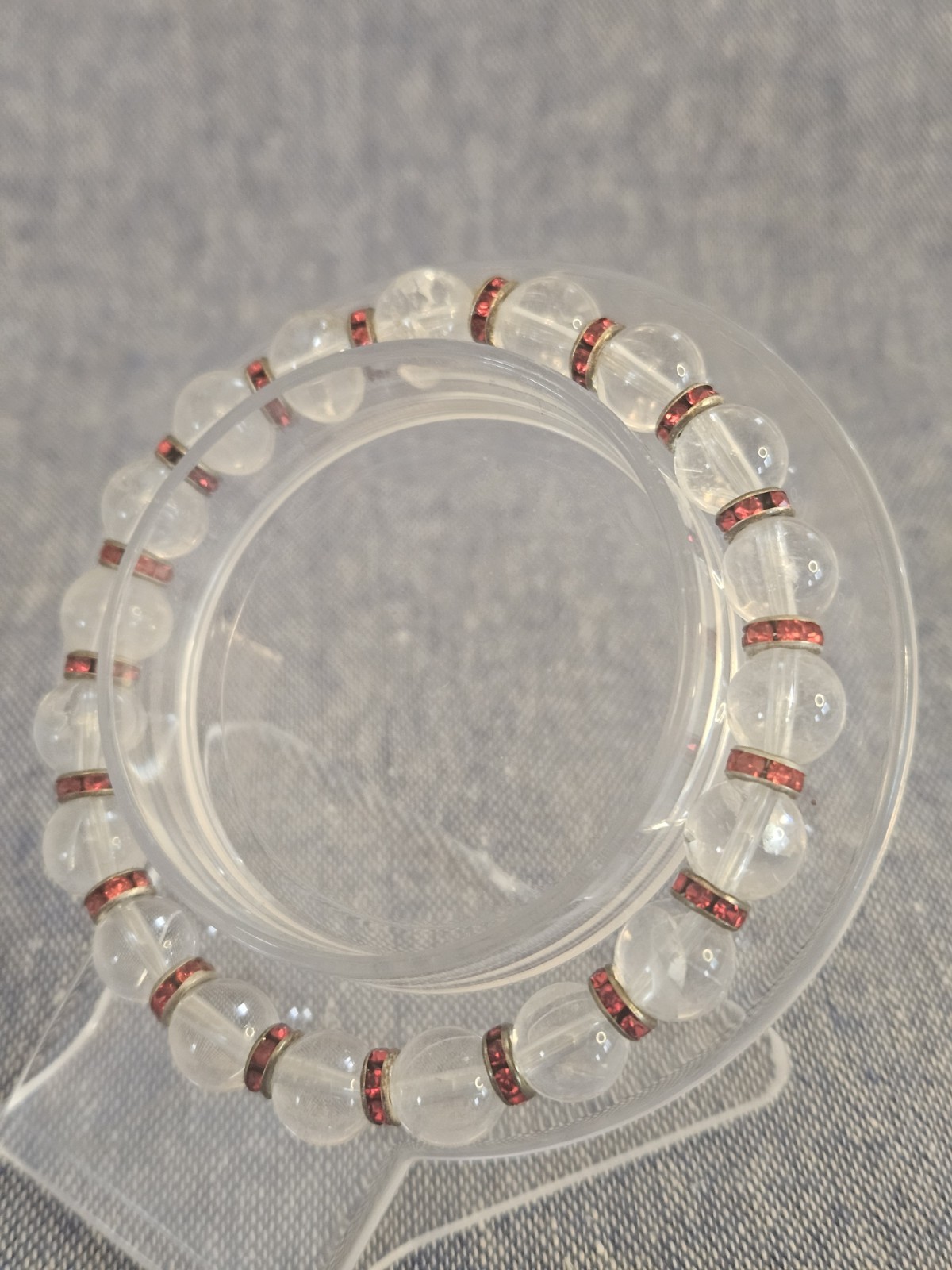 Crystal Clear Quartz Round Beaded Stretch Bracelet w Red Rhinestone Spacer Rings