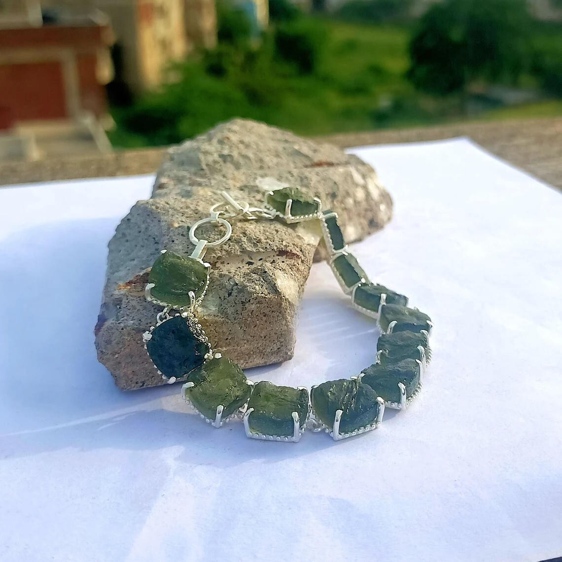 Real Moldavite Bracelet Czech Moldavite Bracelet 925 Sterling Silver Bracelet