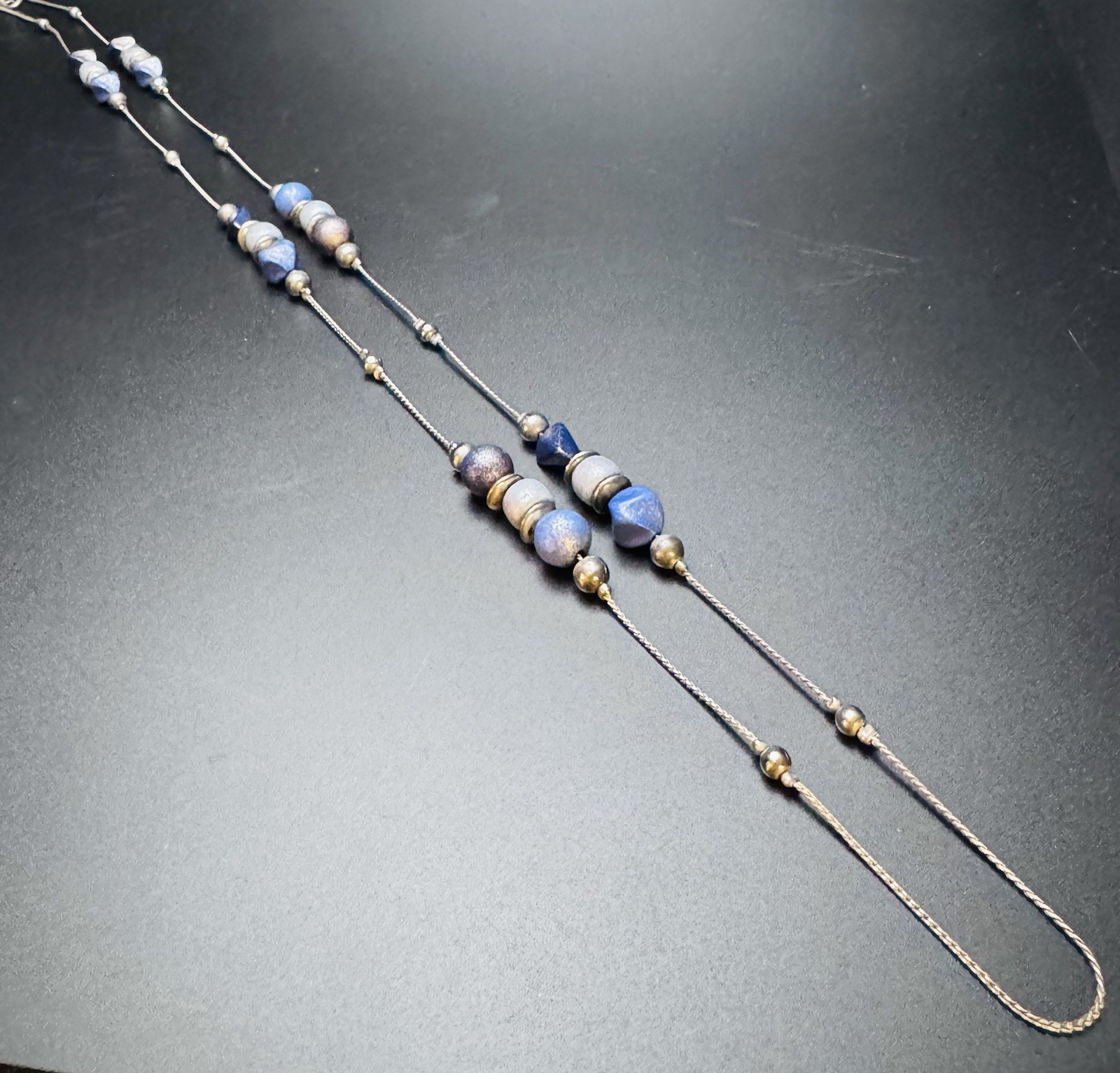 Long Silver Tone Necklace with Blue Stone Beads – Station Style – 26”