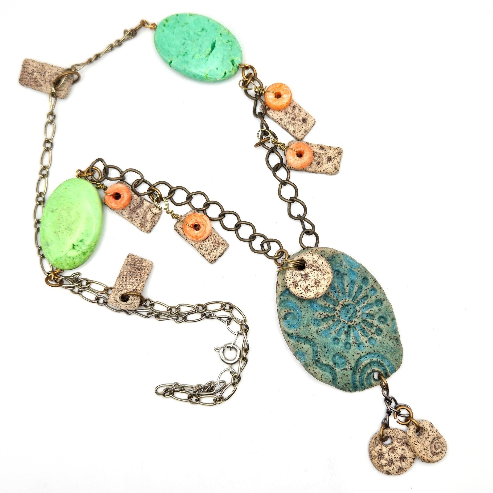 Artisan Handmade Ceramic Necklace Pottery Statement Teal Boho Mixed Media Brass