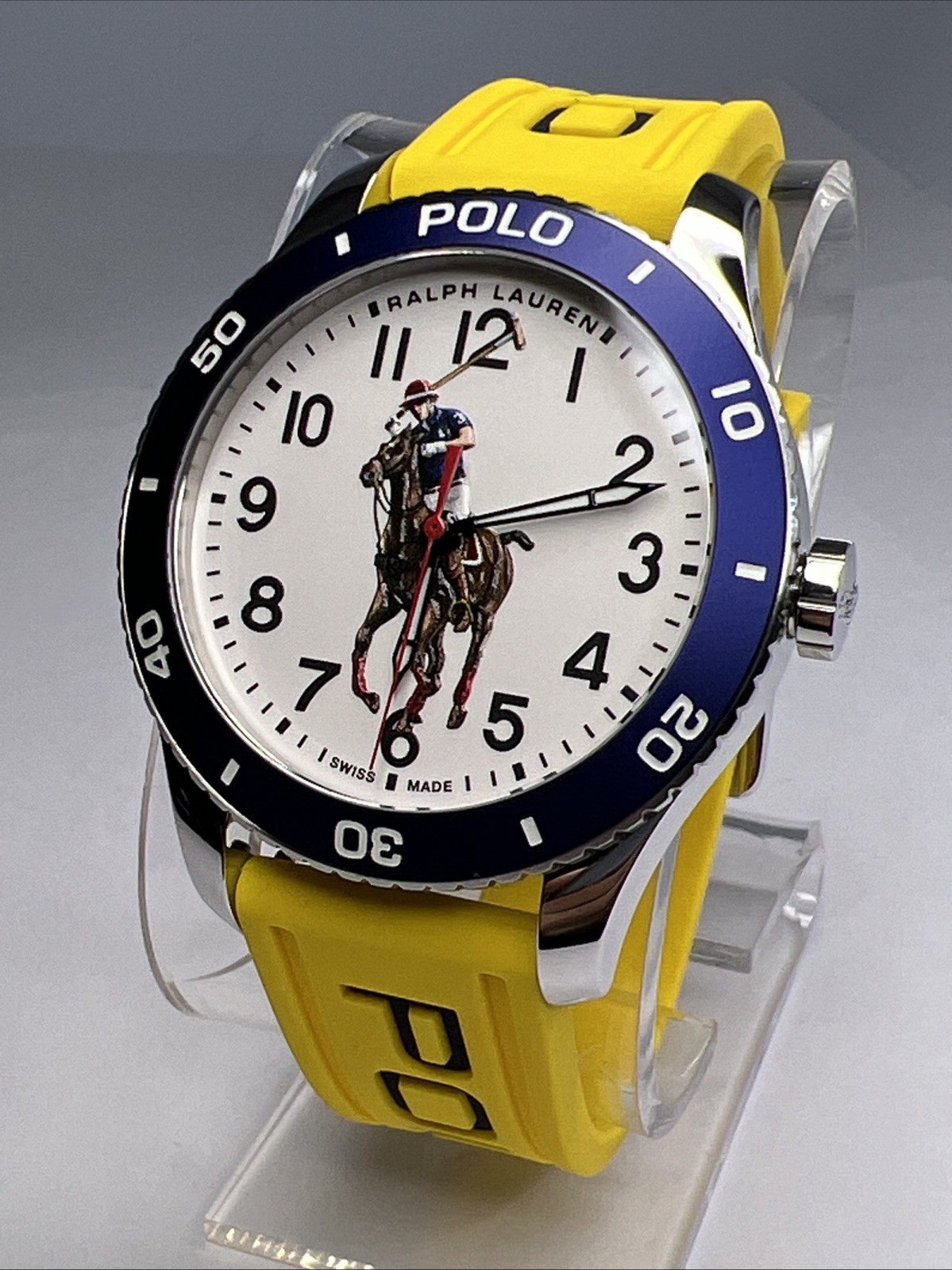 Ralph Lauren Polo Pony Player 42mm Blue Bezel Yellow Band Automatic Watch B & P