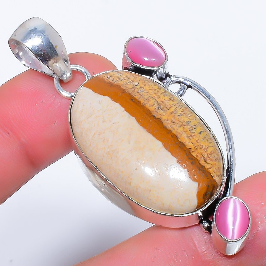 Natural Picture Jasper & Cat’S Eye 925 Silver Plated Jewelry Pendant 2.2″ M152