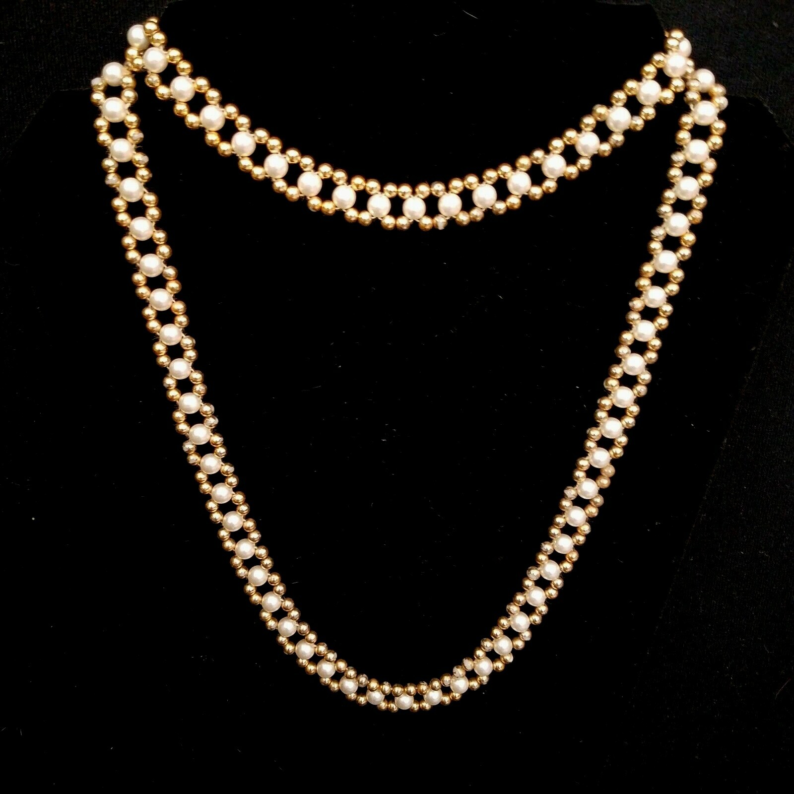 Pearl Faux 36″ Long Statement Runway Necklace Wrap Mini Gold Balls Beads