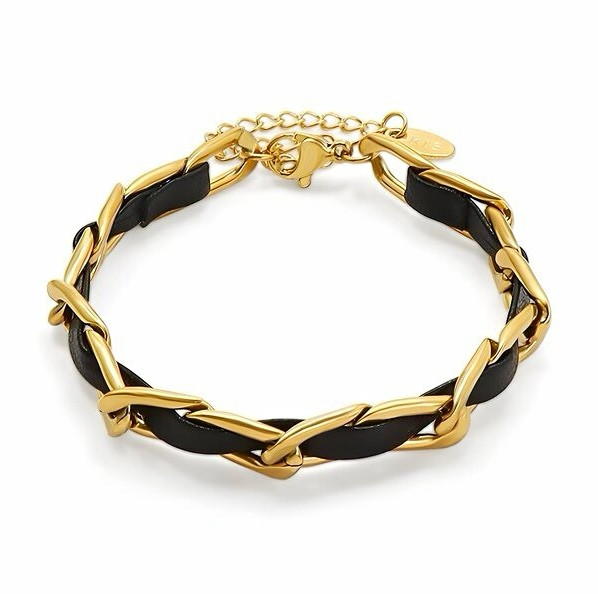 Gold Tone Black Metal Curb Link Chain Bracelet Lobster Clasp Adjustable No Stone