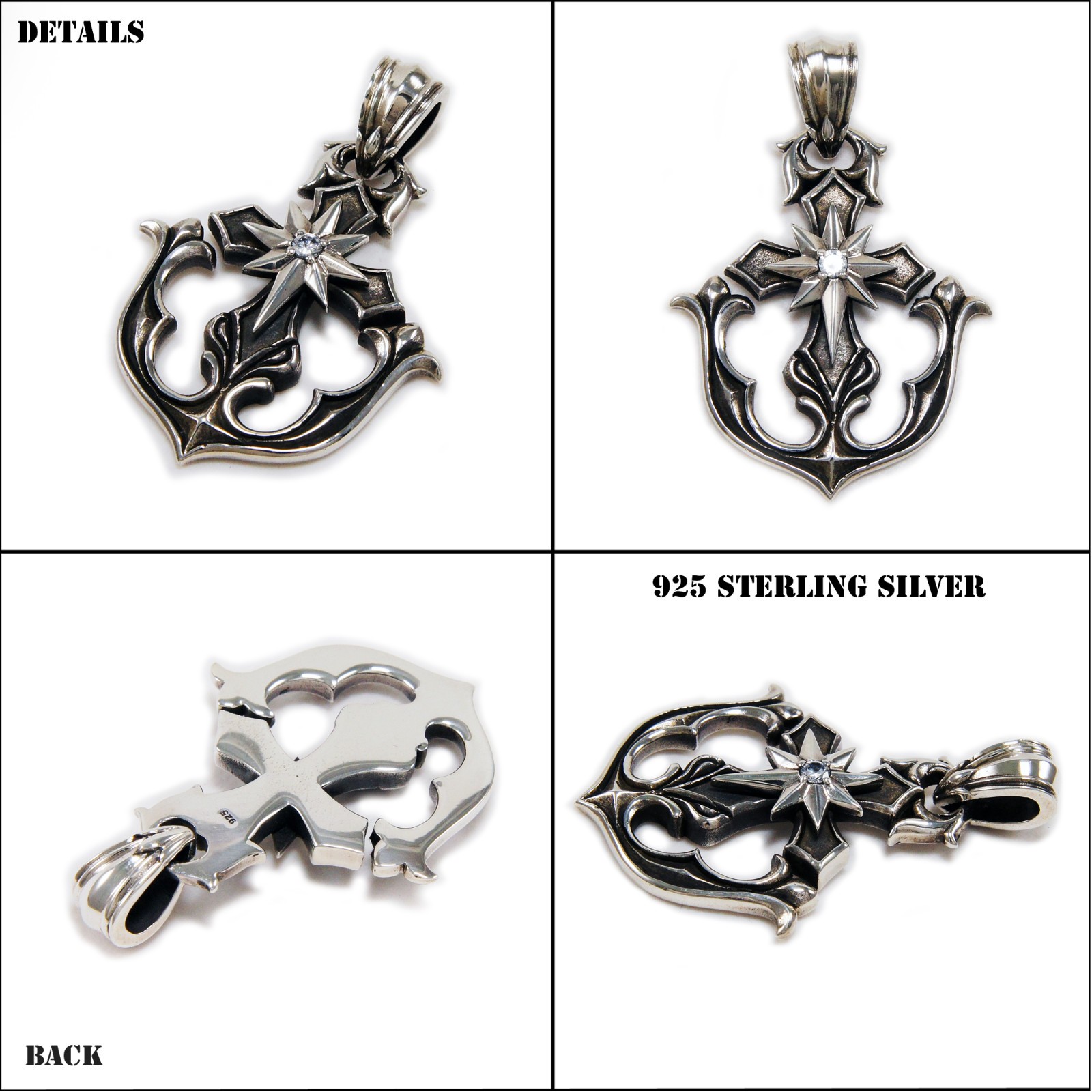 ANCHOR CROSS STAR 925 STERLING SILVER BIKER GOTHIC ROCKABILLY PENDANT NG-003