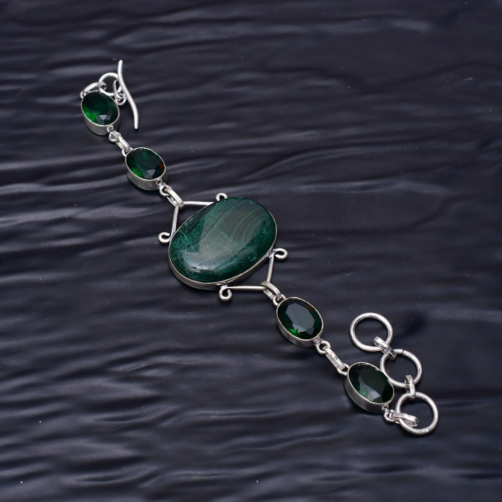 Malachite Gemstone 925 Sterling Silver Bracelet Jewellery 7-8″