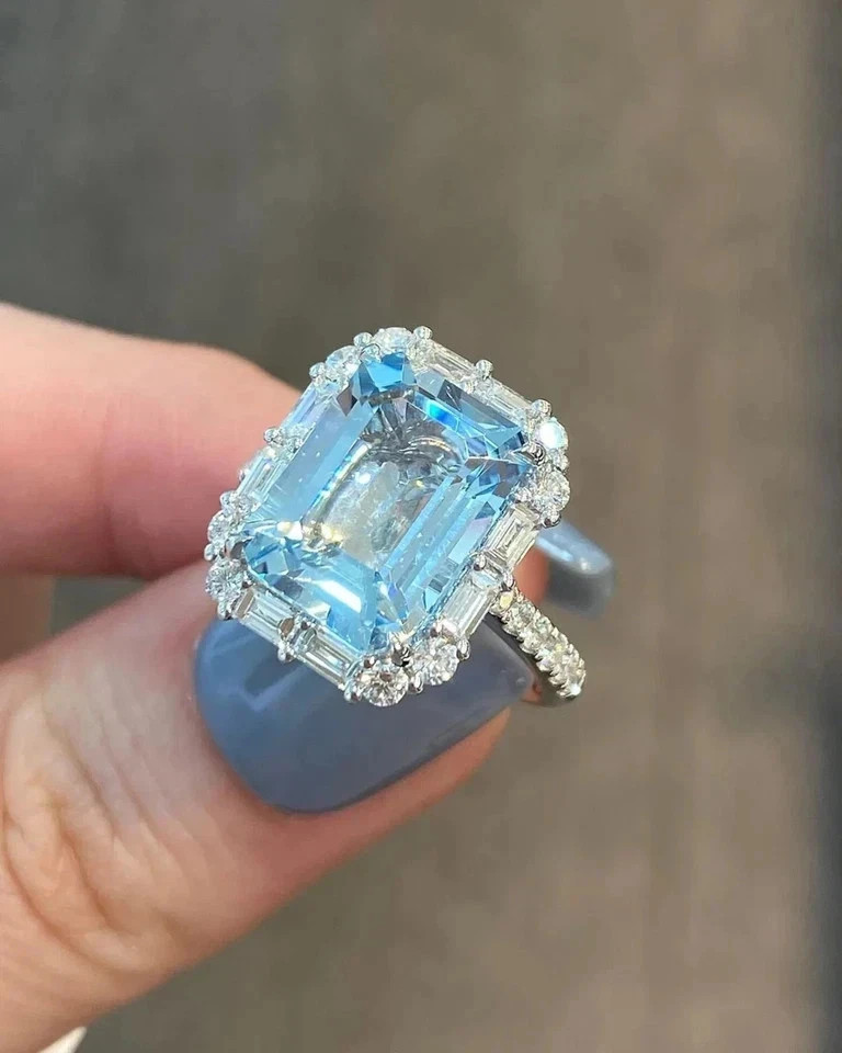 5.80 Ct Emerald Cut Natural Aquamarine Diamond Wedding Ring 14K White Gold 6 7 8