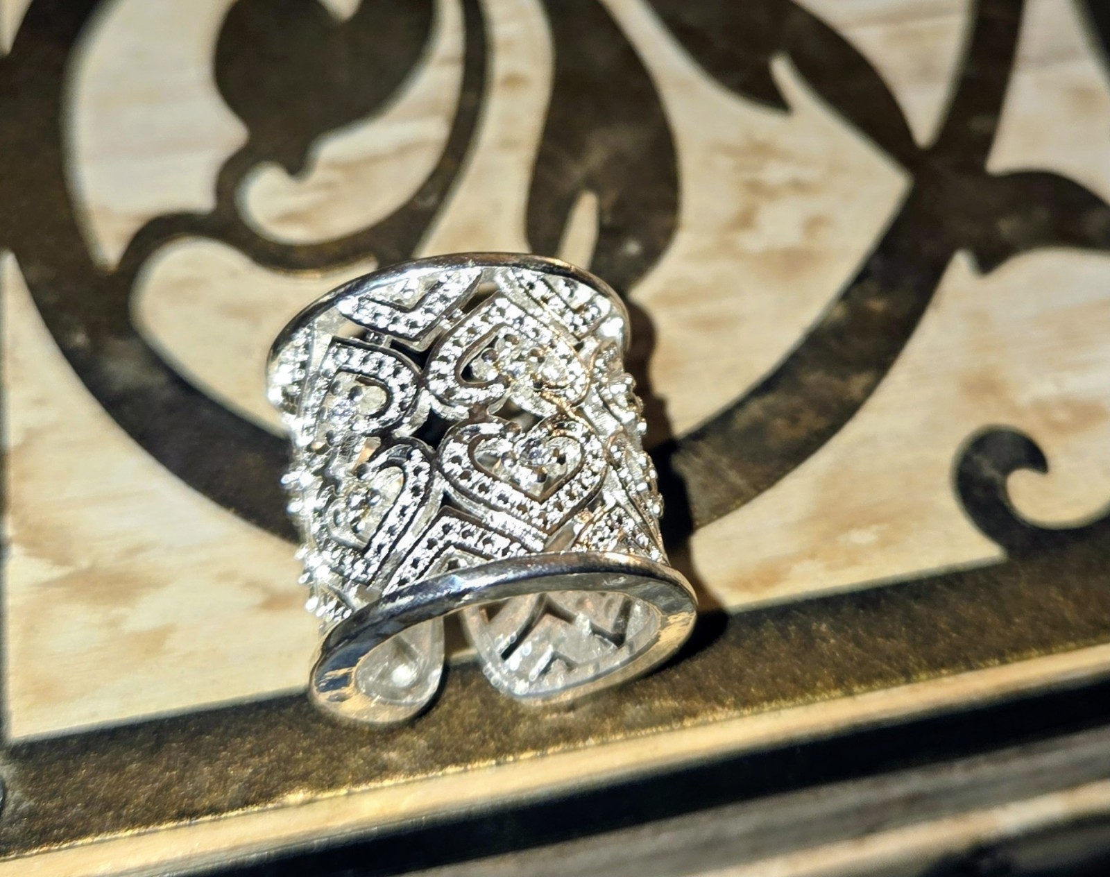 925 Sterling Silver CZ Filigree Wide Band Ring Size 8