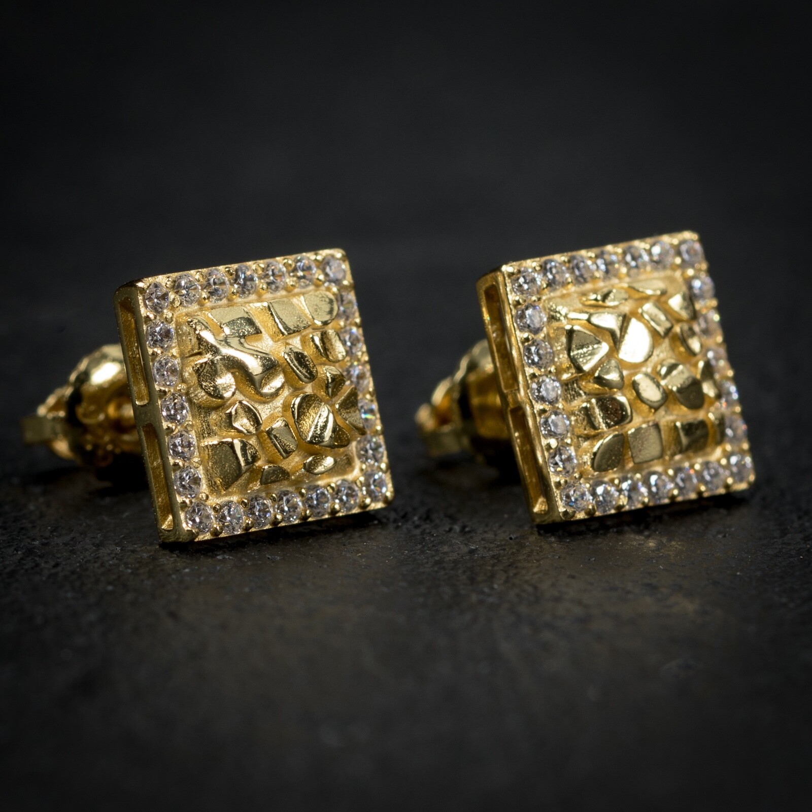 Mens Square Yellow Gold Plated Sterling Silver Iced Nugget Screw Back Earrings