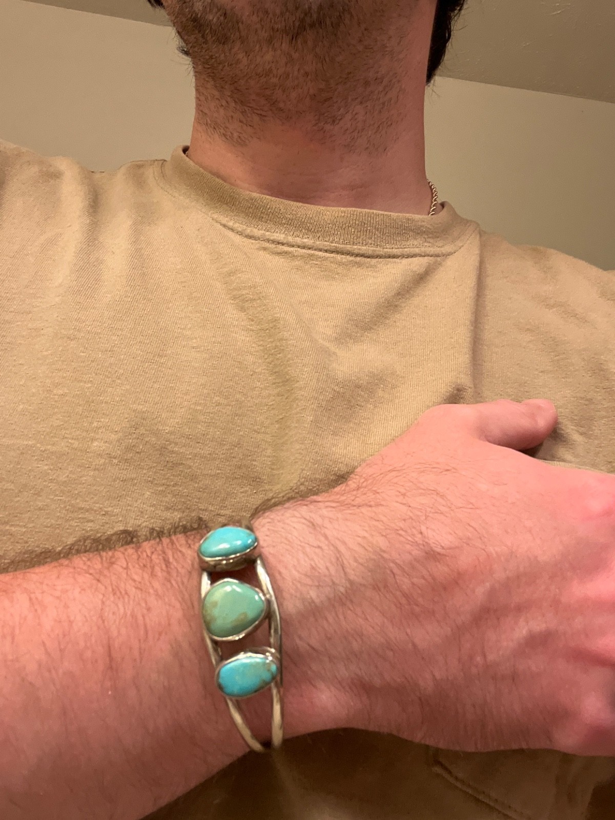 Real 3 Stone Turquoise, SW Alpaca Turquoise Cuff Adult- Medium Bracelet