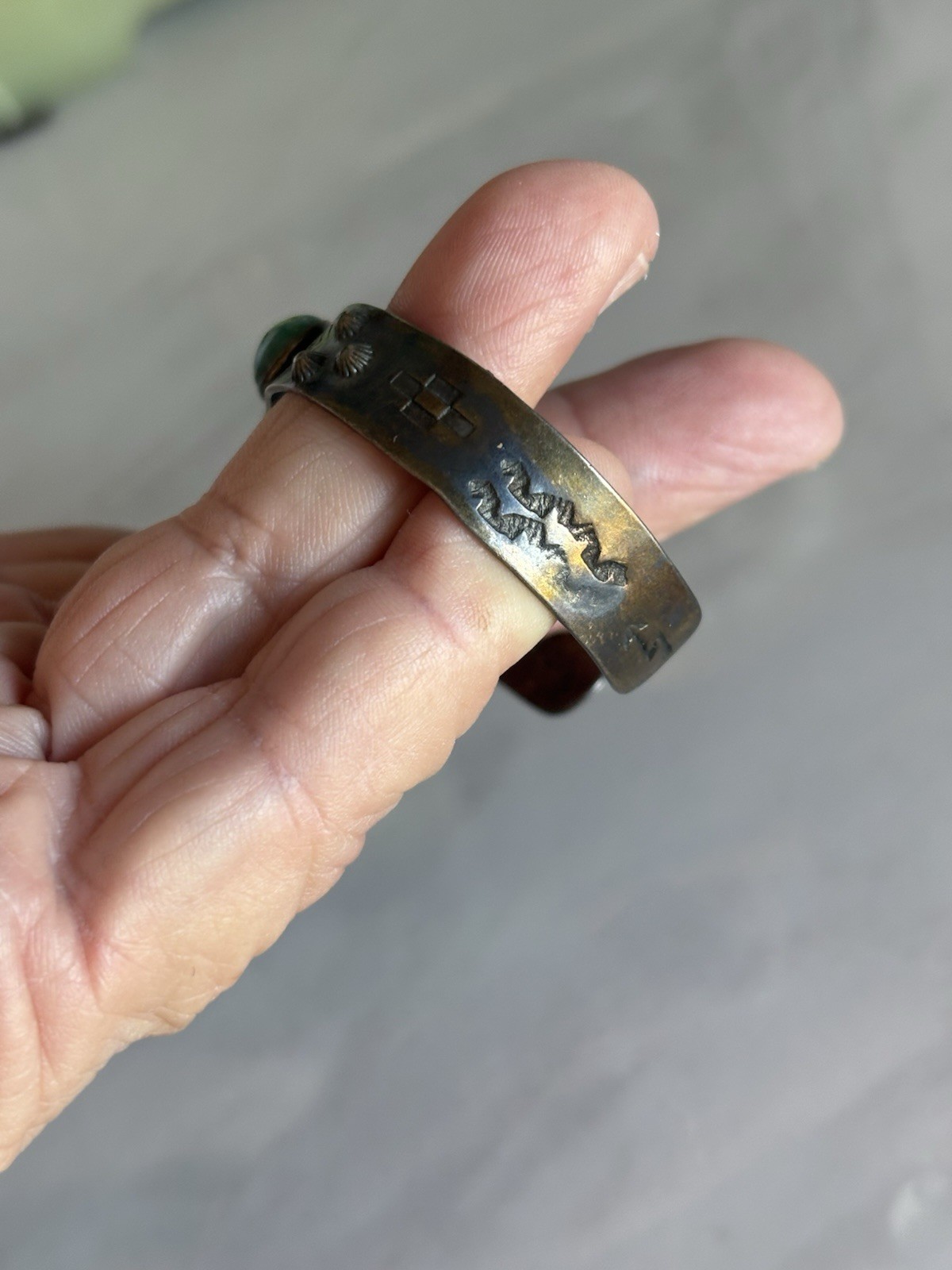 Fred Harvey Era cuff-stamped Sterling with Green Turquoise Stone