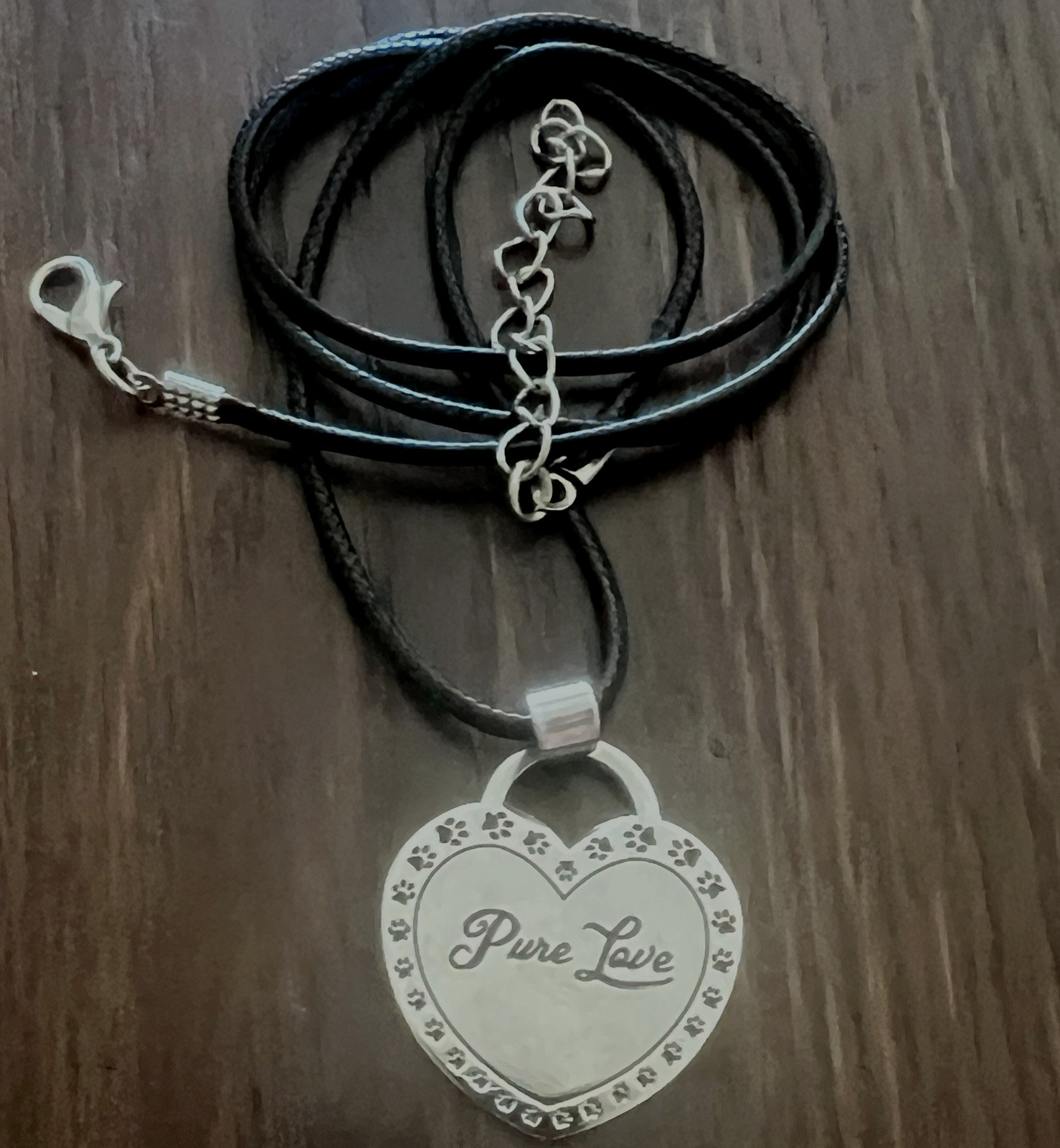 Pure Puppy Love Necklace Dog Paw Prints Stainless Steel Black Cord