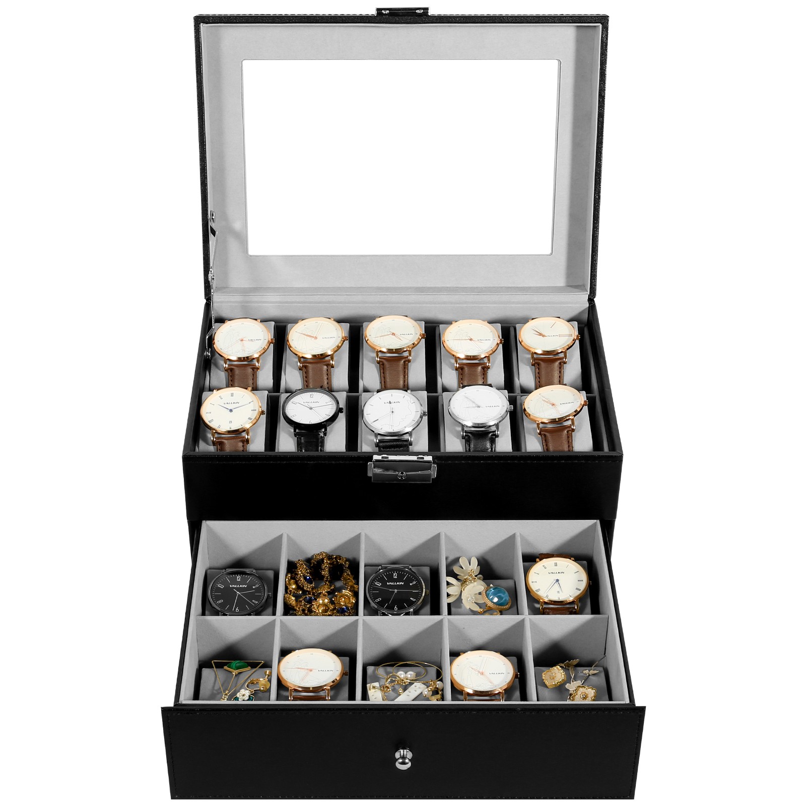 20 Slots Watch Box PU Leather Watch Case Lockable Jewelry Storage Display Case