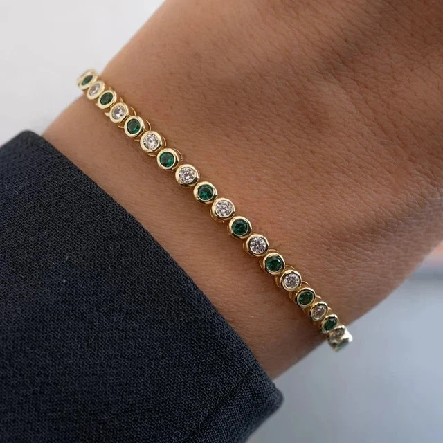 7TCW Round Cut Lab Created Green Emerald 14K Yellow Gold Plated Tennis Bracelet
