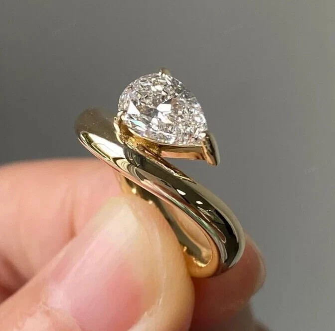 Wedding Ring 14k Yellow Gold Pear Cut Diamond 1 Carat Lab Grown E F VVS CVD IGI