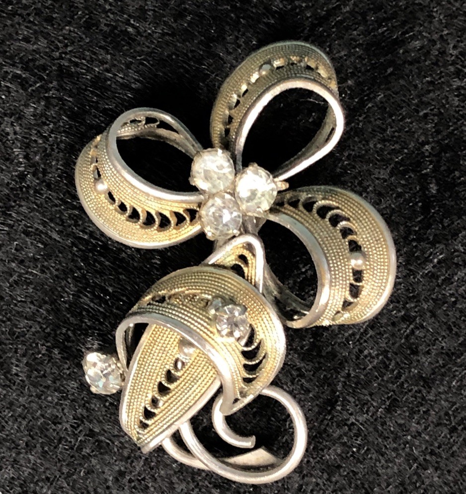 Vintage Signed Western Germany Silver Tone Art Glass Rhinestone Brooch