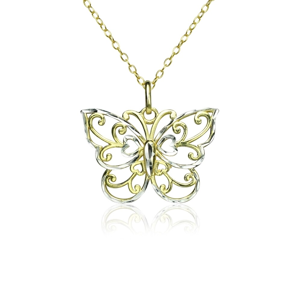 Gold Tone over Two-Tone Polished Diamond-cut Filigree Butterfly Pendant Necklace