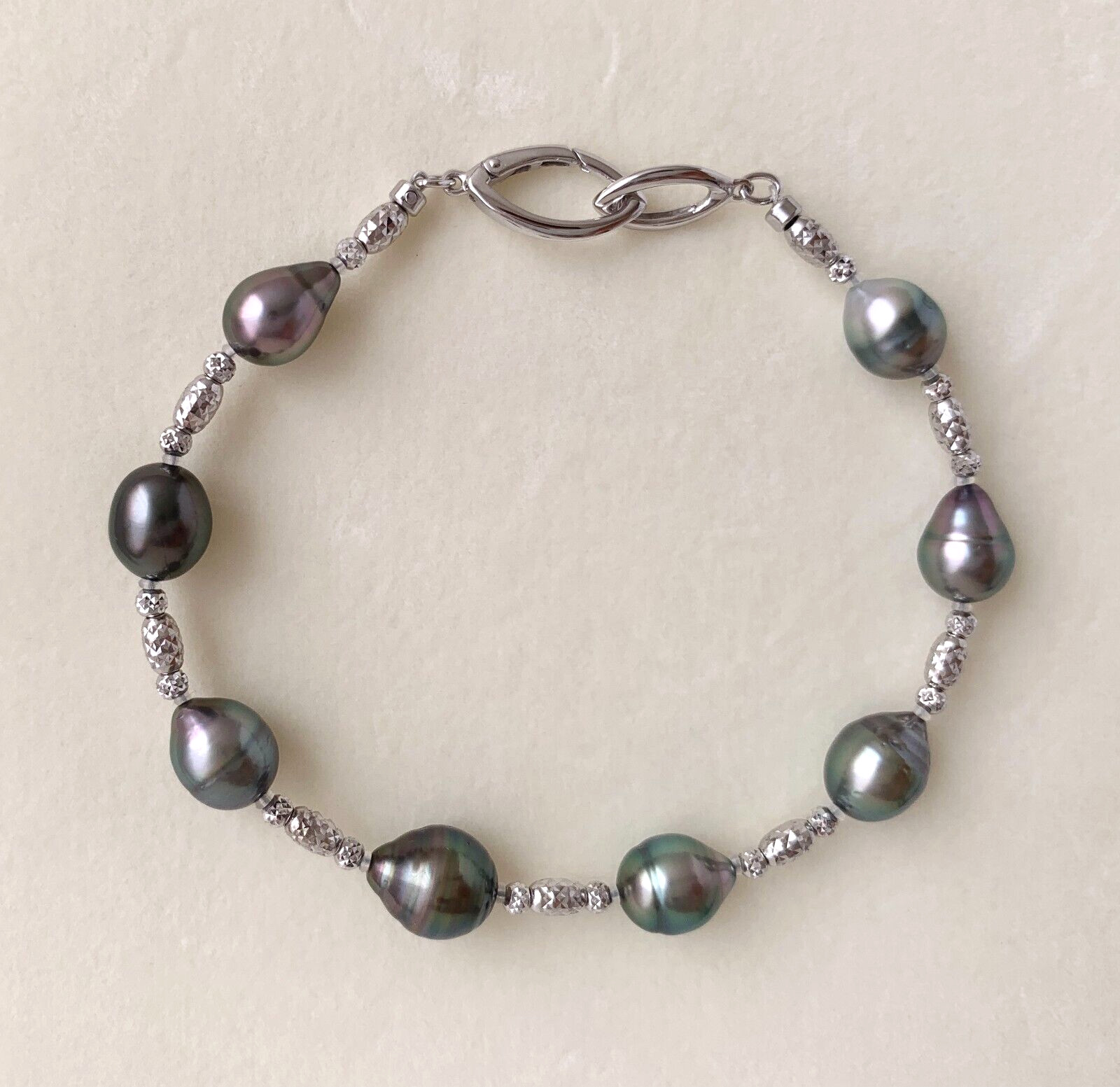 7-9mm Black Green Baroque Tahitian cultured pearl Bracelet sterling sliver,7.6″