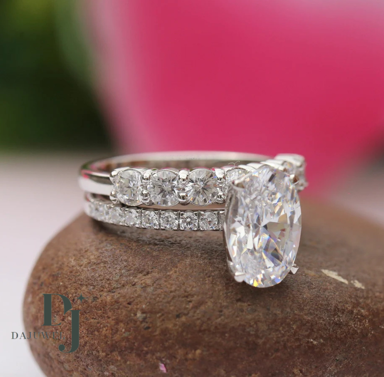 Moissanite Bridal Set Engagement Ring Solid 14K White Gold 3 Carat Oval Cut VVS1