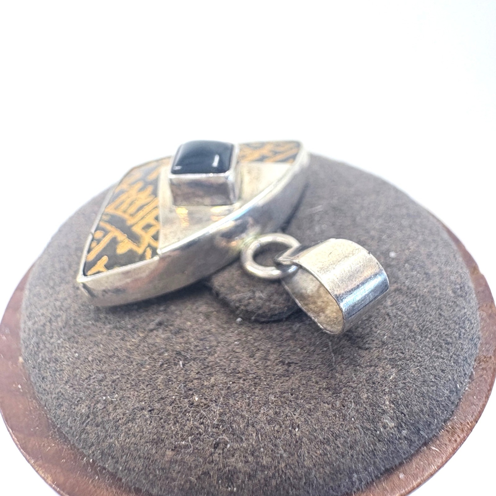 Black Onyx Black and Gold Painted Enamel Inlay Pendant 925 Sterling Silver 1.25″