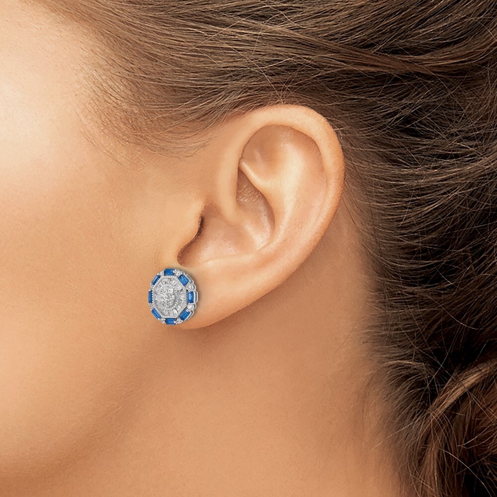13.4mm Sterling Silver Polished Fancy Blue & White CZ Post Earrings