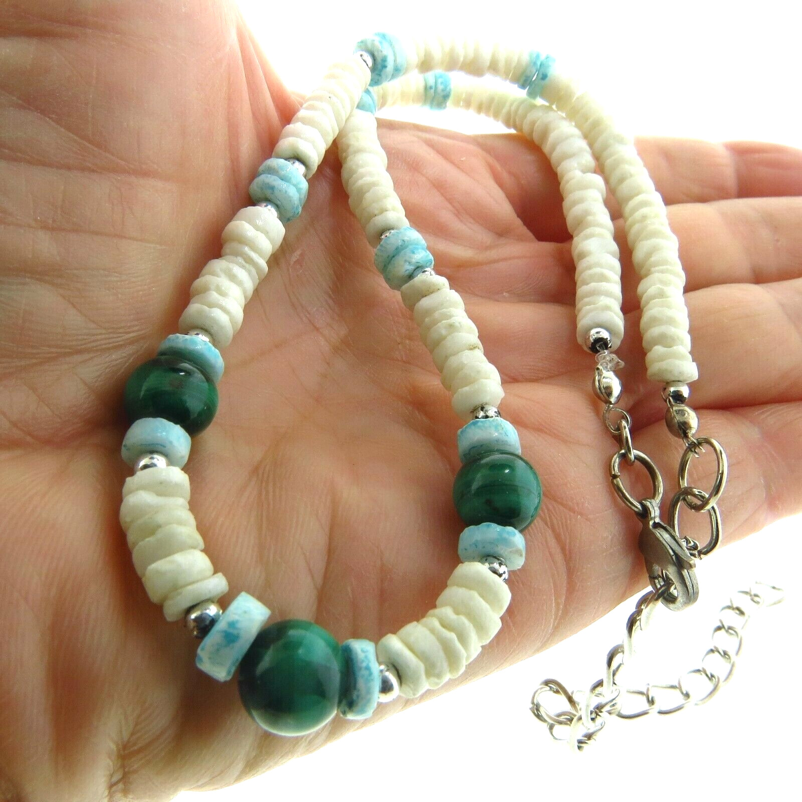 Vintage Puka Shell Necklace with Malachite Gemstone 5 to 7mm 15 to 19 inch