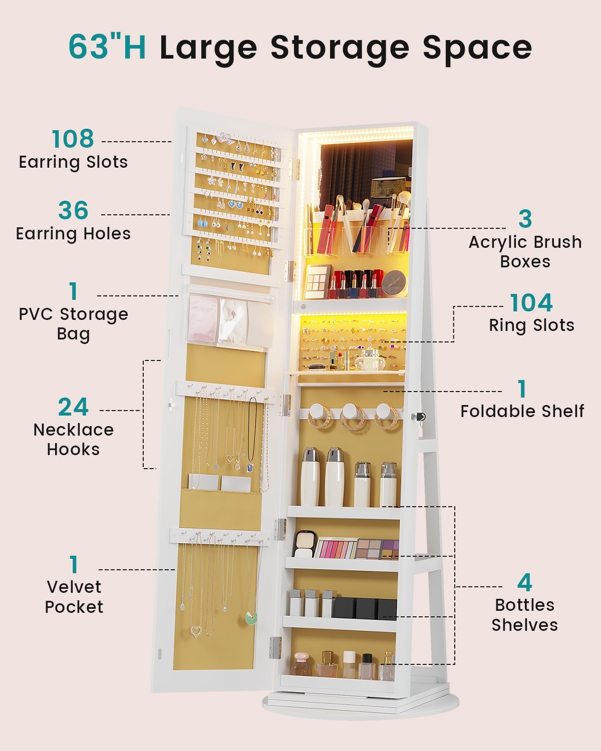 360° Rotating Jewelry Cabinet with Full Length Mirror, Standing Jewelry Organize