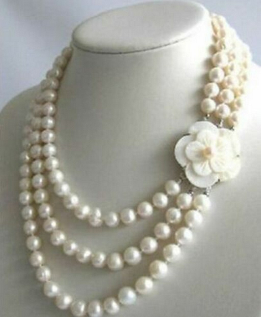 3Row 7-8mm White Freshwater Pearl Necklace Shell Clasp Natural 17-19 in
