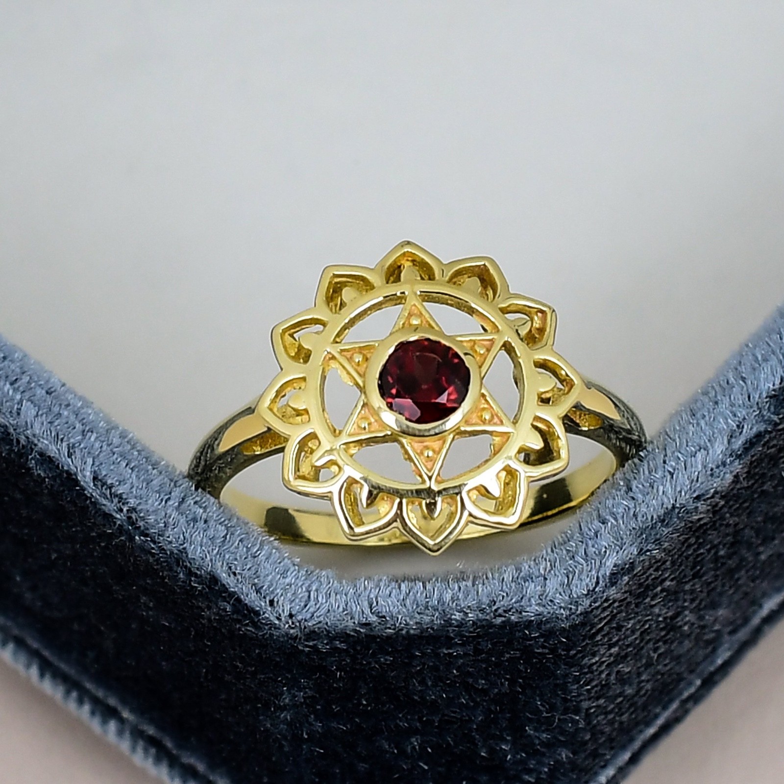 Garnet Chakra Ring 4mm Round Gold Sacred Geometry Meditation Gift for Her Ring