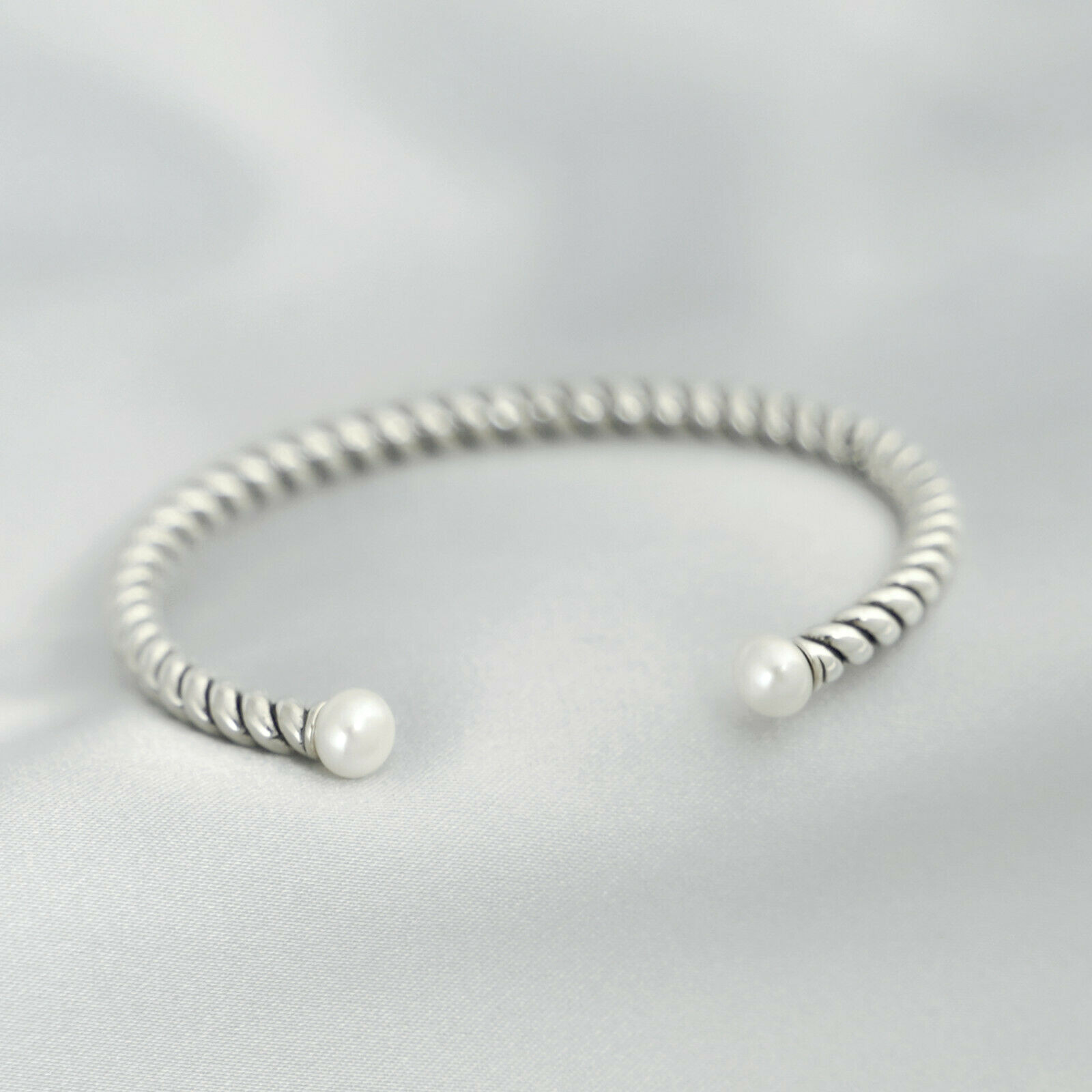 925 Silver Oxidised Freshwater Pearl Rope Bangle Twist Bangle 16.5cm