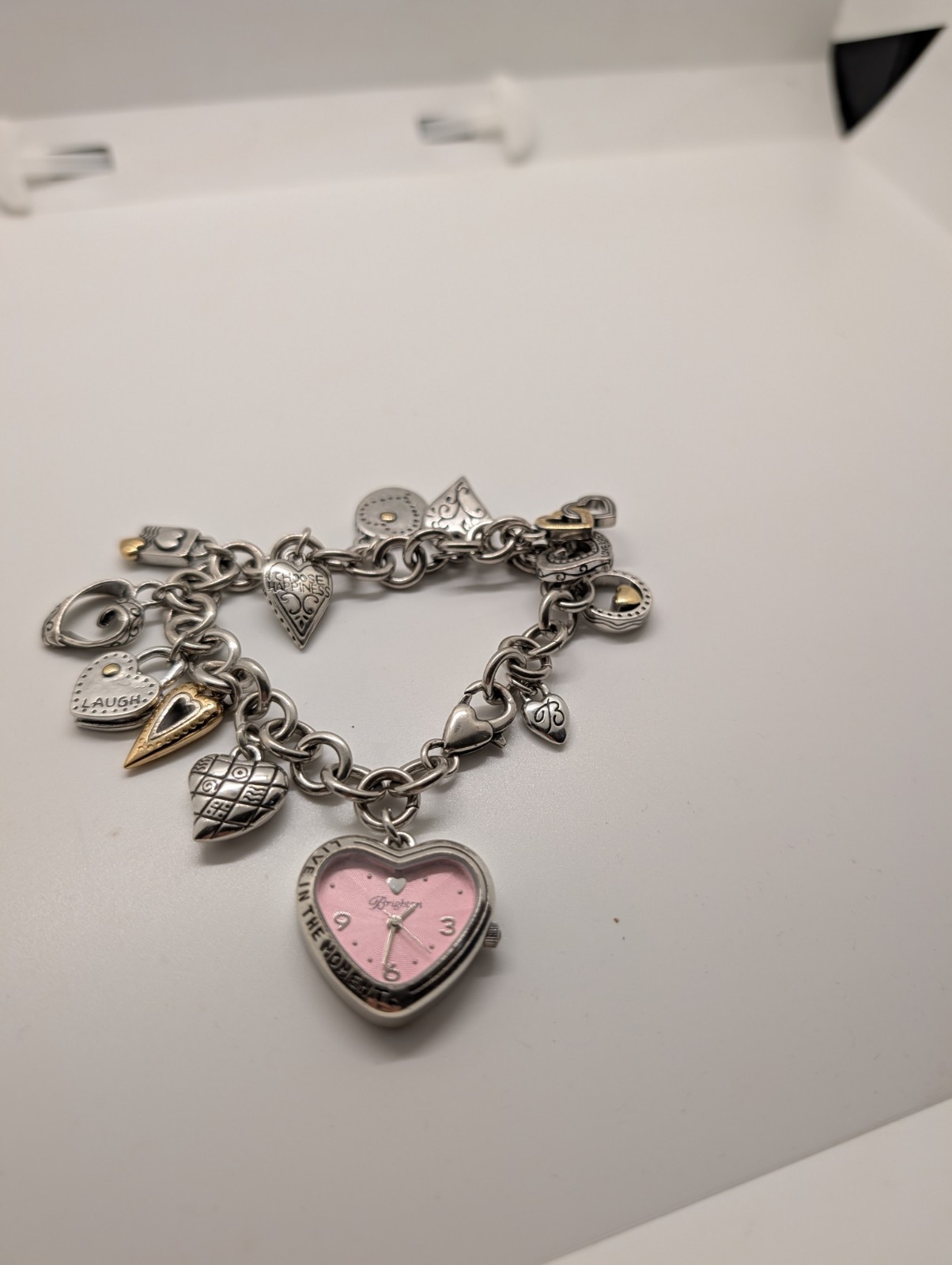Brighton Silver “LIVE IN THE MOMENT” Breast Cancer Watch Charm Bracelet 8”
