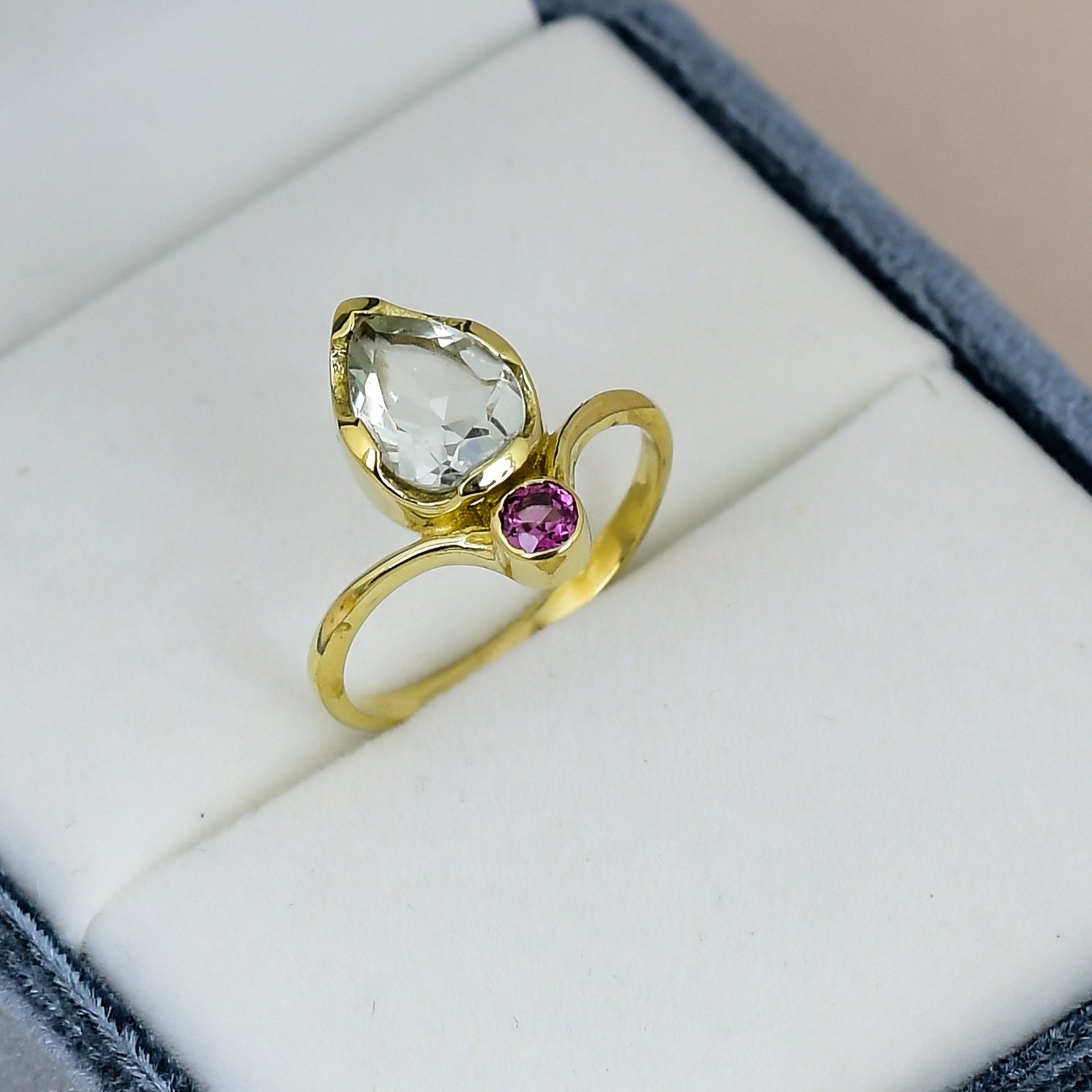 Green Amethyst Pear Ring 7x10mm Pink Sapphire Gold Ring Statement Gift for Her