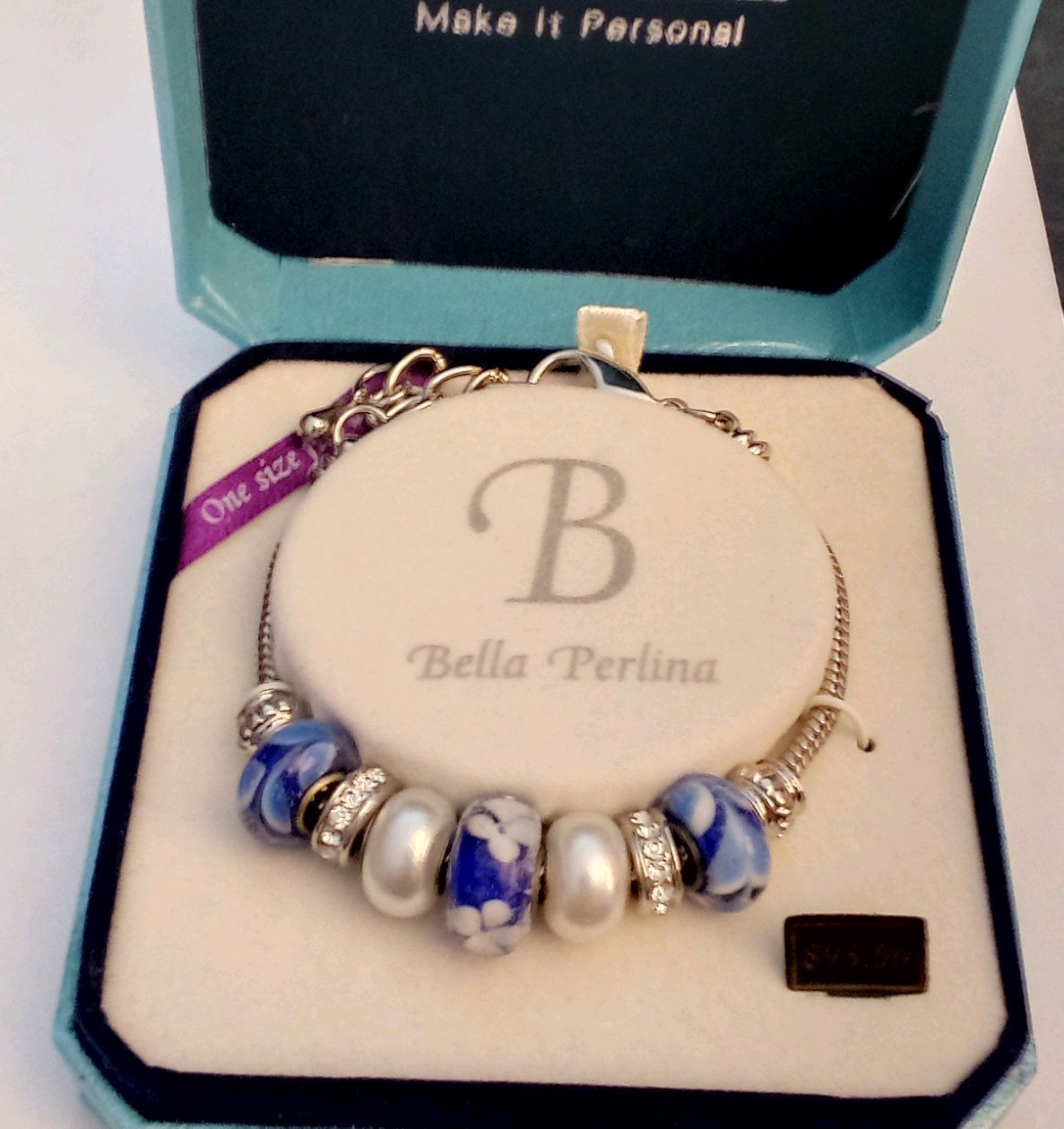 Bella Perlina Silver Tone Charm Bracelet Murano Glass New In Box