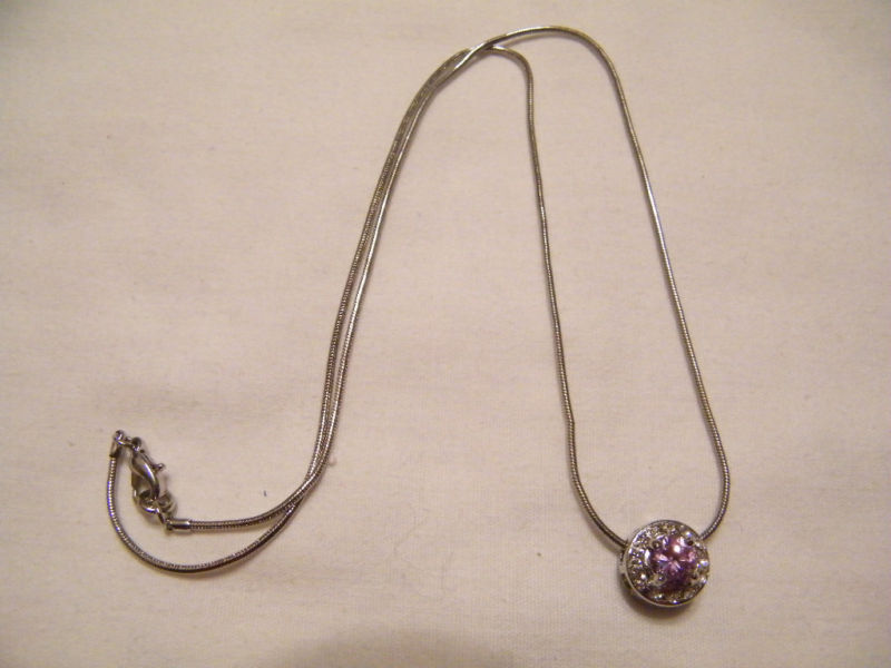 Silver Necklace Clear Lavander Rhinestone Pendant NICE