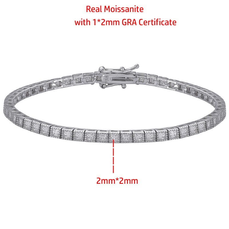 D VVS1 Princess Cut Moissanite Tennis Bracelet Men Women 925 Sterling Silver GRA