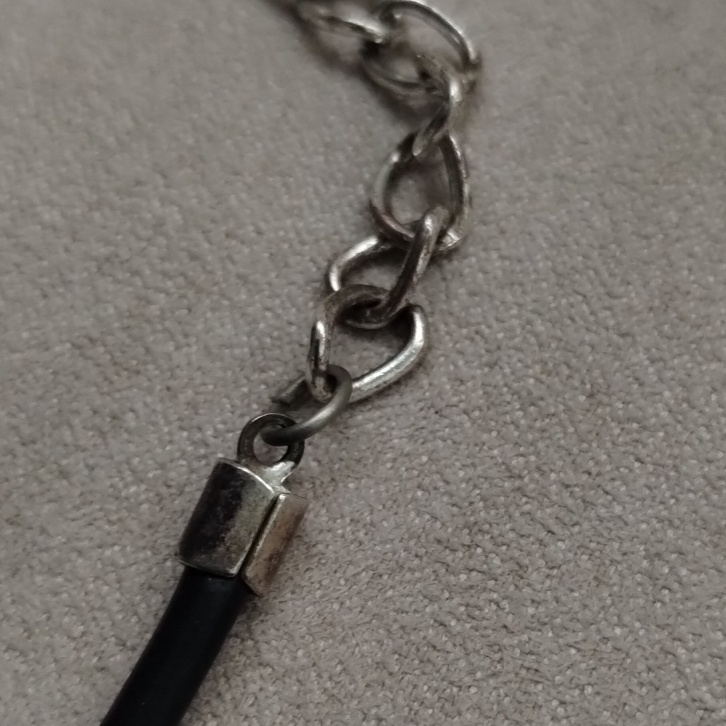 1980’s Chico’s Black Rubber Cord Necklace Silver Tone Pendant Lobster Clasp