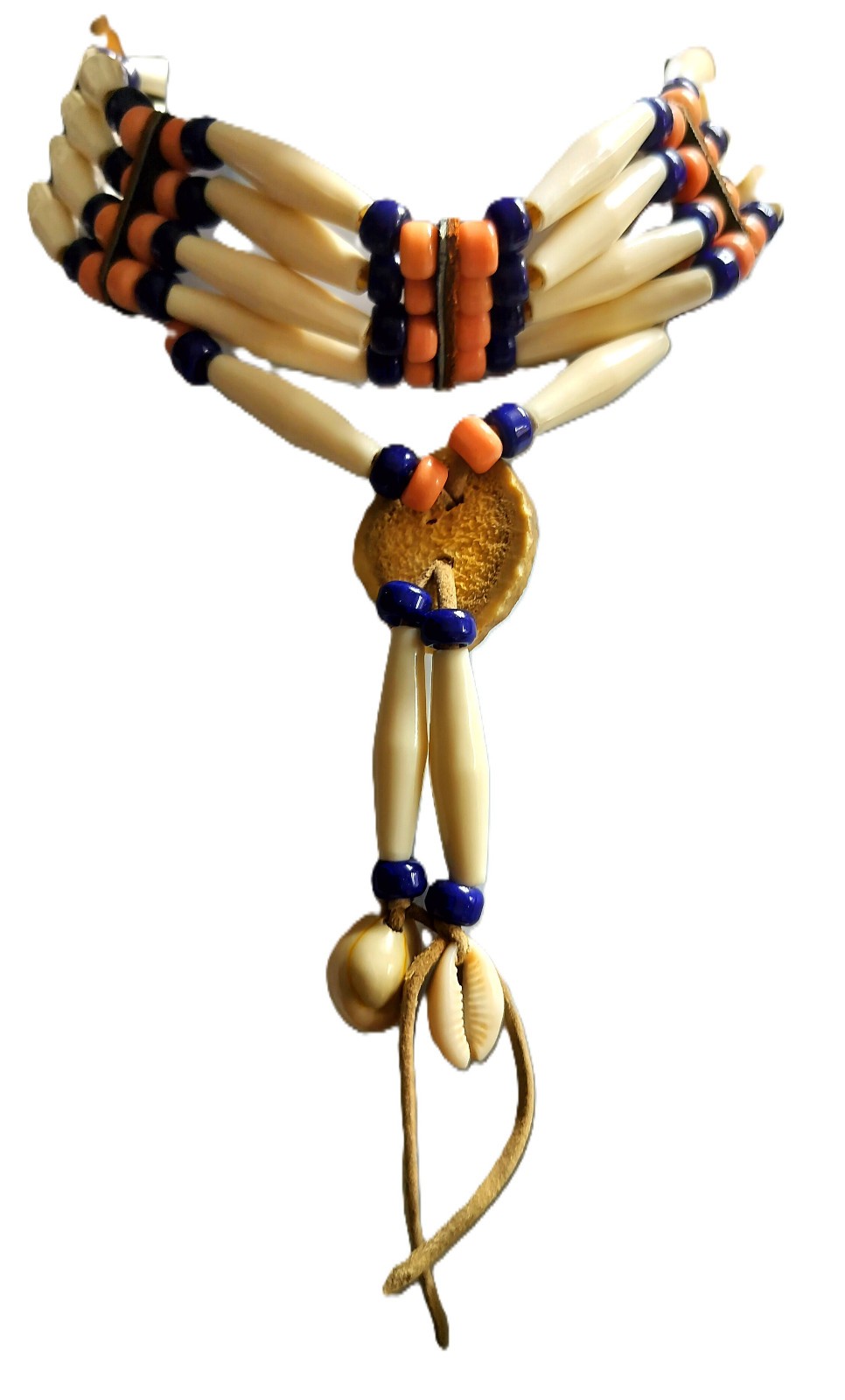 Vintage Native American Buffalo Bone Abalone Beads Leather Choker Necklace VGC!