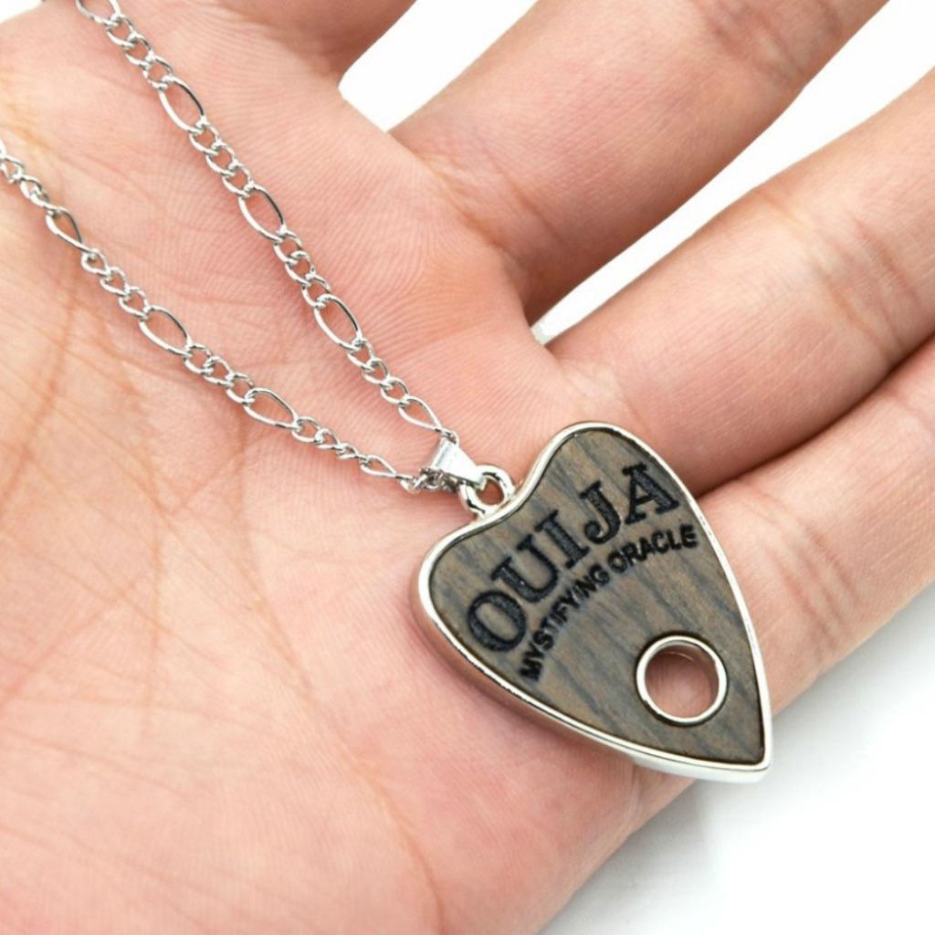 OUIJA BOARD PLANCHETTE NECKLACE Silver Tone Metal Wood Pendant Goth Occult Punk