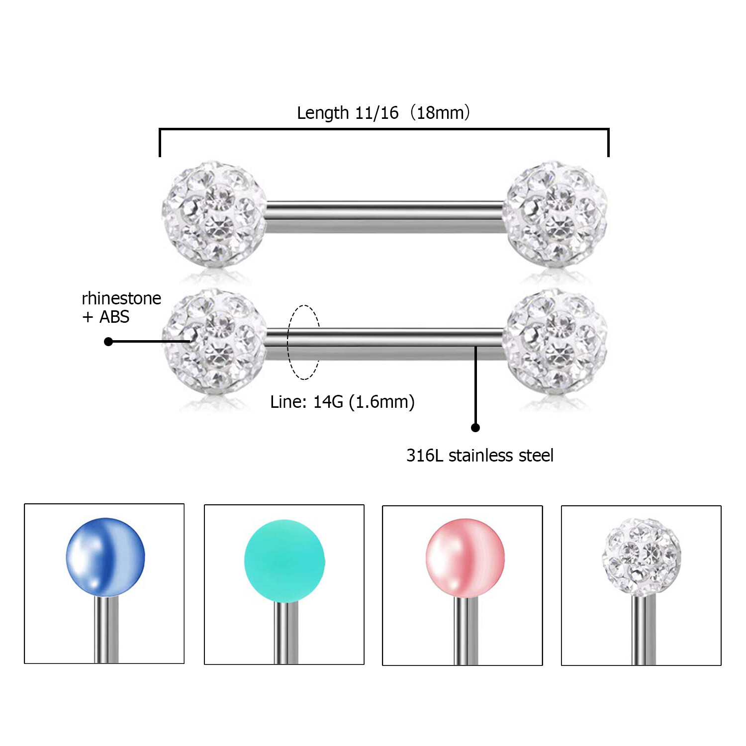 8pcs 12/14/16/18mm Surgical Steel Barbell Nipple Tongue Rings Piercing Jewelry