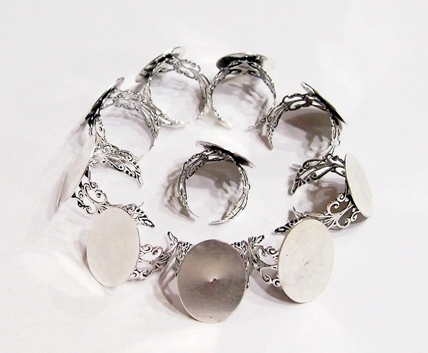 30 of 25x18mm Antique Silver Adjustable Flat Face Victorian Scroll Ring Settings