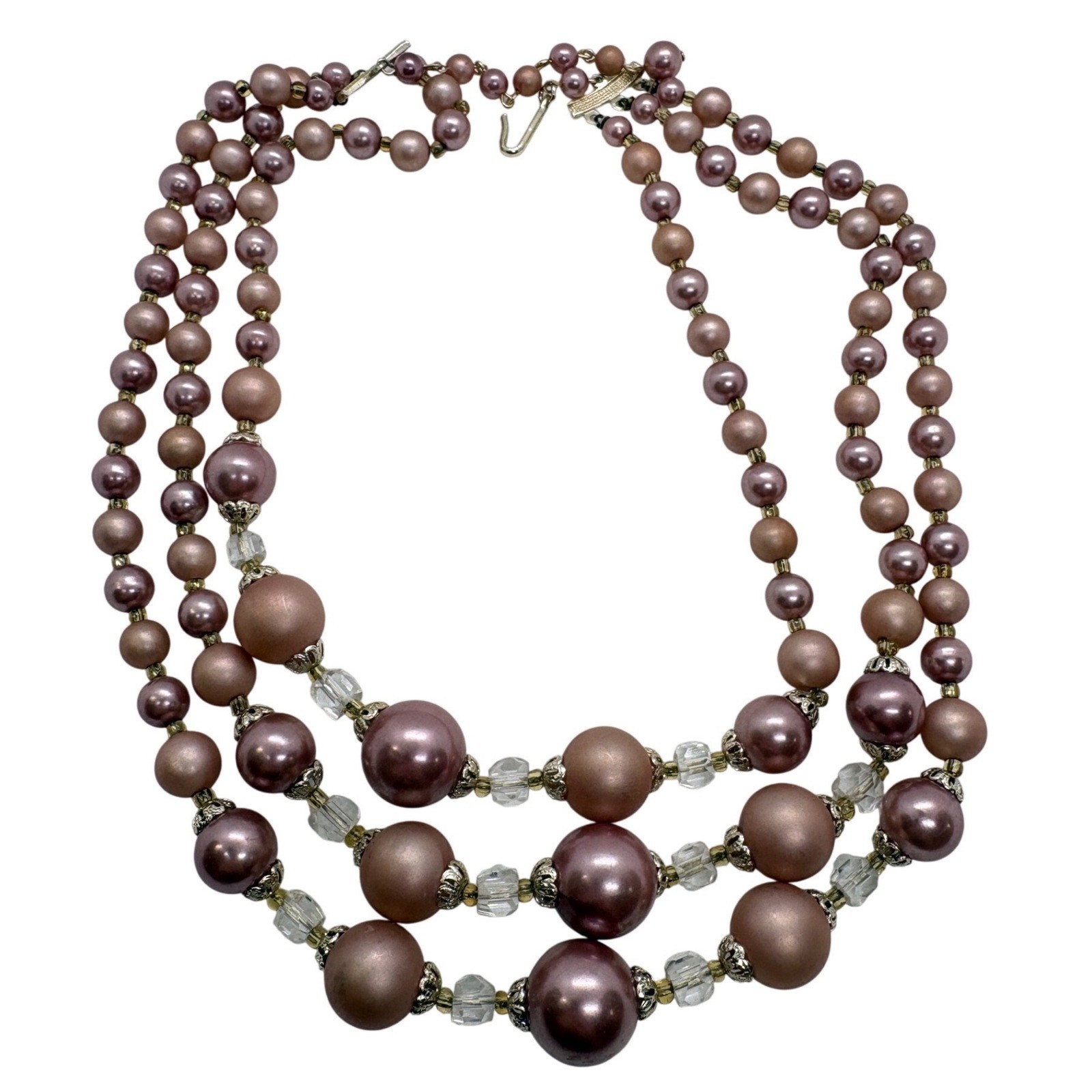 Vintage Japan Triple Strand Faux Pearl Necklace Mauve Rose Graduated Beaded