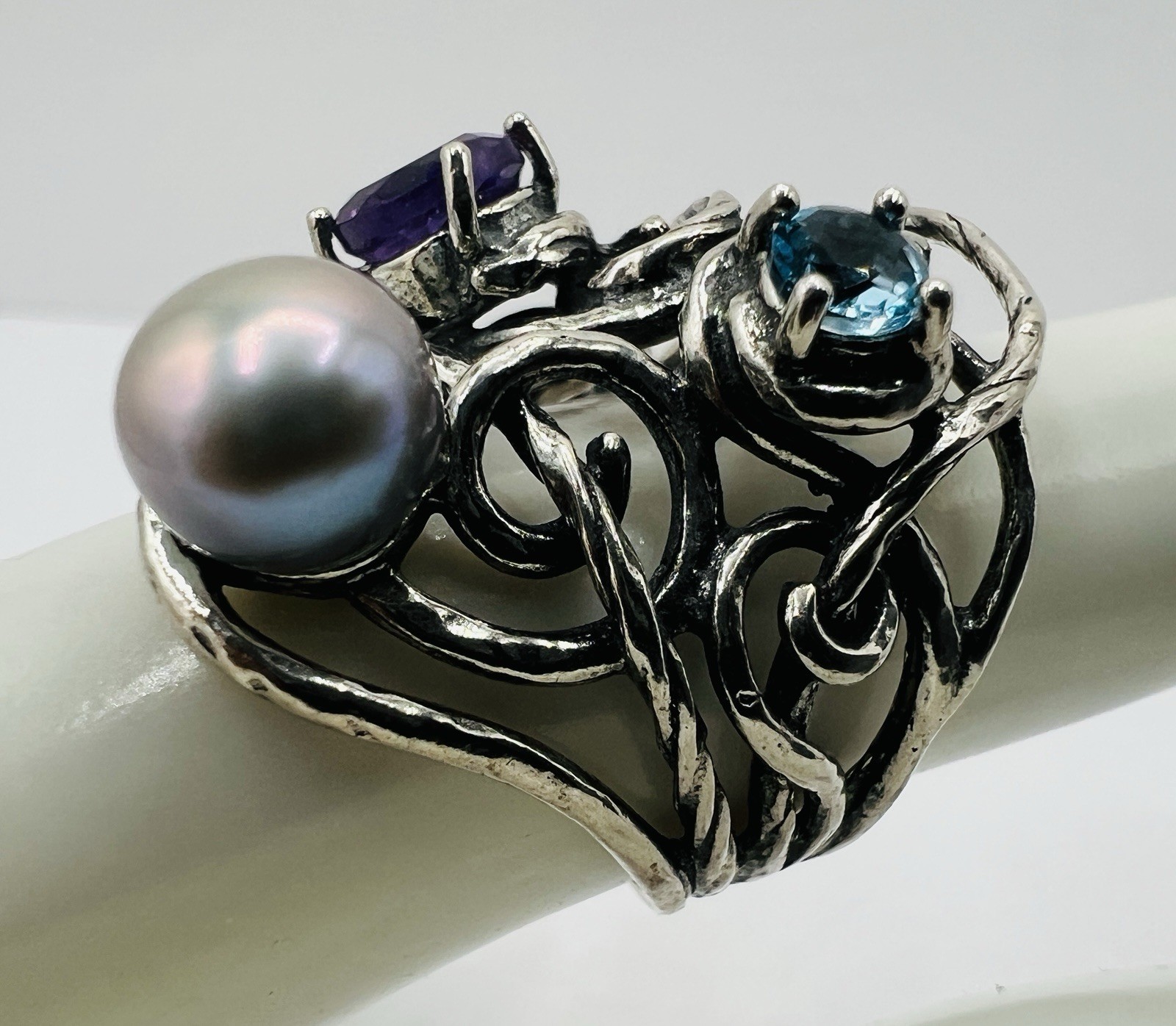 PZ Paz Creations Sterling Silver Pearl Amethyst Topaz Brutalist Split Shank Ring