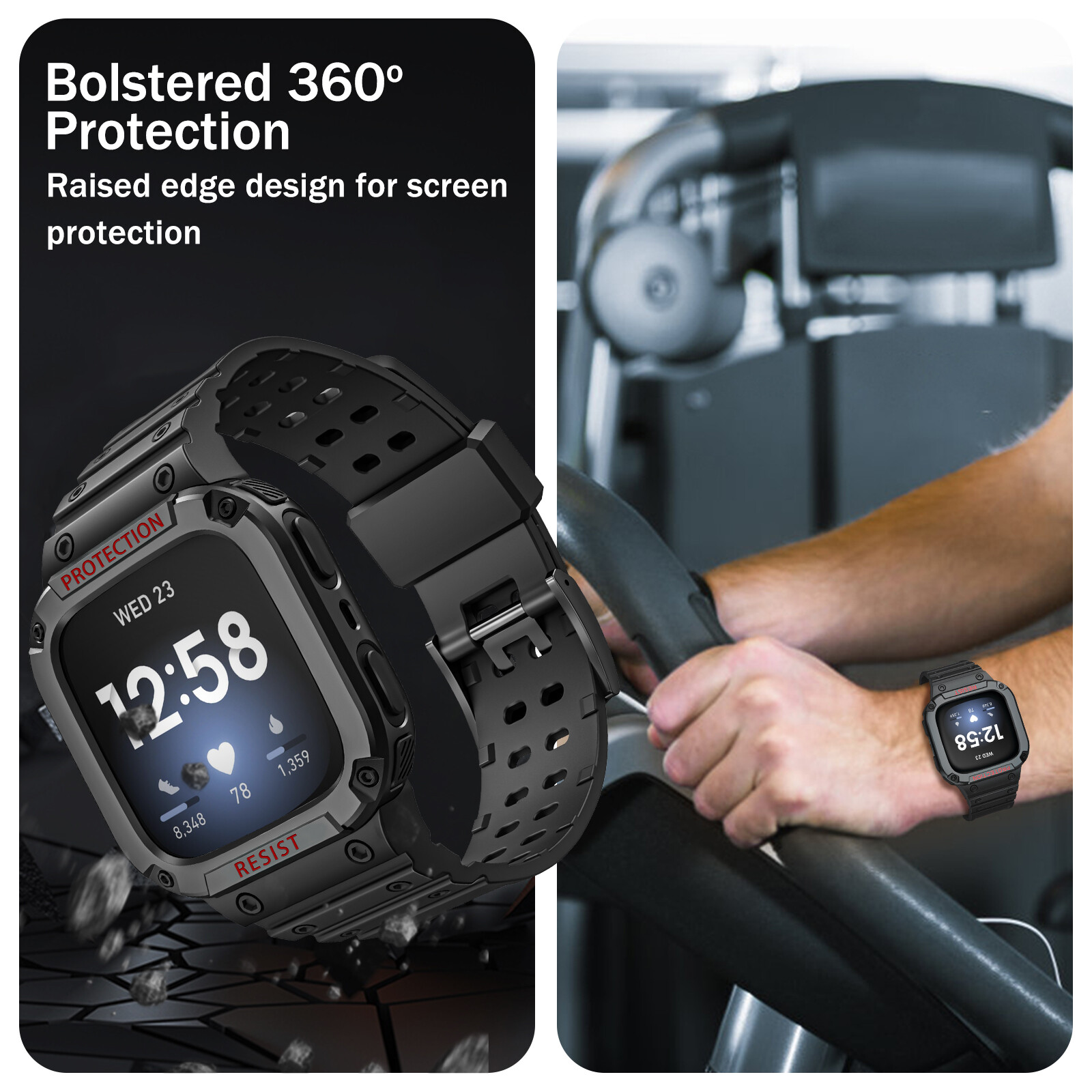 Band with Case for Fitbit Versa 3/2/Sense Rugged Men Sport Band Protective Cover